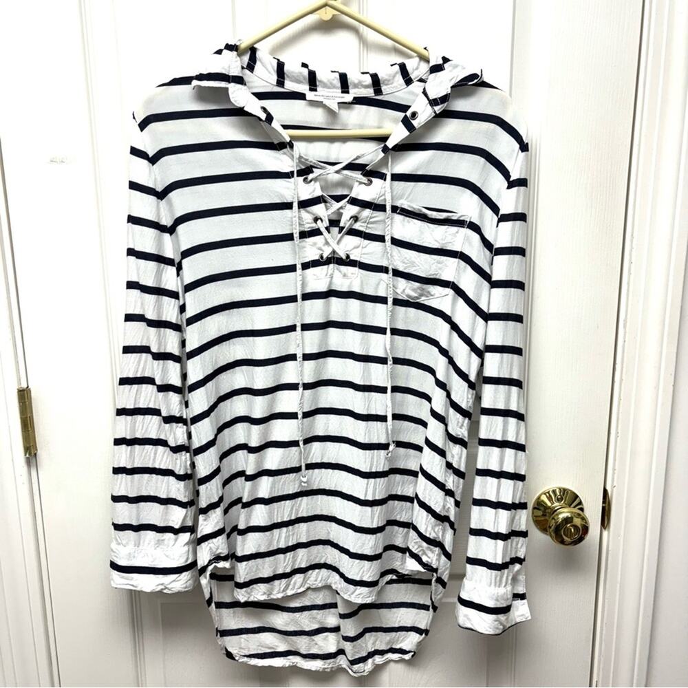 Beach Lunch Lounge Hoodie Nautical Striped Pullover Fisherman Blue White Size M